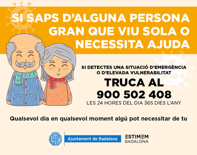 Badalona activa el número de telèfon gratuït 900 502 408 per atendre les persones grans que viuen soles o no reben atenció dels seus cuidadors habituals