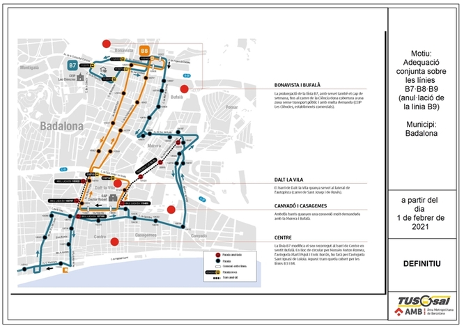 Les línies B7, B8 i B9 de Tusgsal es modifiquen per millorar el servei d’autobús a diversos barris de la ciutat