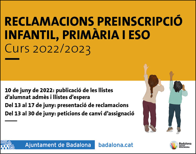 Dilluns s’obre a Badalona el termini per a les reclamacions a les preinscripcions d’infantil, primària i ESO del curs 2022/2023