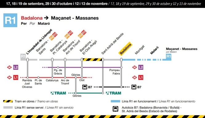 Afectacions de la línia R1 de Rodalies a Badalona per les obres d’Adif a l’estació de Sagrera-Sant Andreu