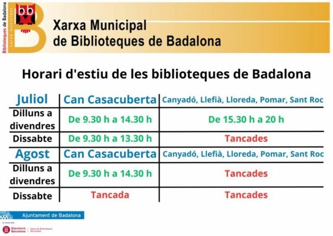 Horari d’estiu de la Xarxa Municipal de Biblioteques de Badalona