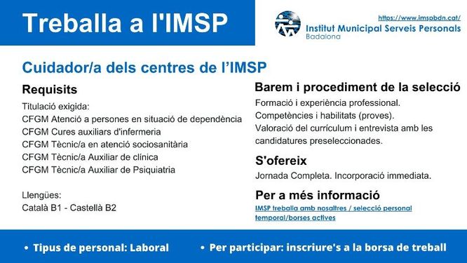 L’IMSP obre una borsa de treball de la categoria de Cuidador/a de centres